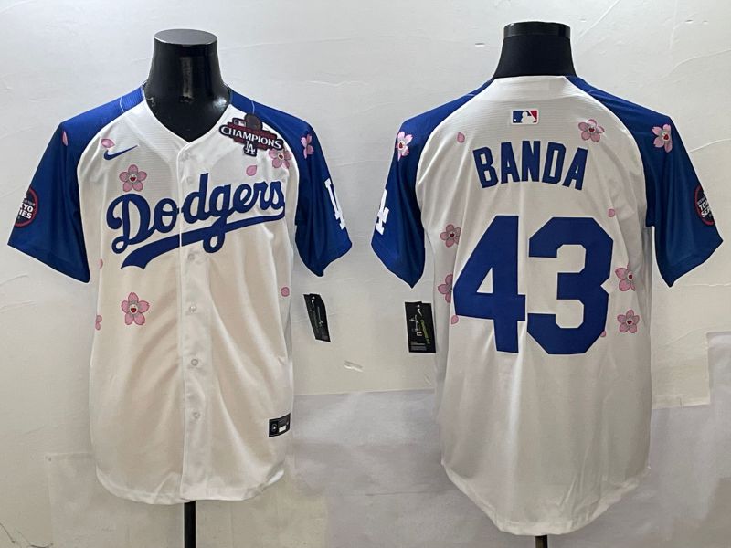Men Los Angeles Dodgers 43 Banda White Blue Sakura Edition 2025 Nike MLB Jersey style 5